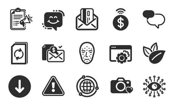 Globe, Organic product and Contactless payment icons simple set. Megaphone checklist, Face biometrics and Chat message signs. Photo camera, Artificial intelligence and Scroll down symbols. Vector