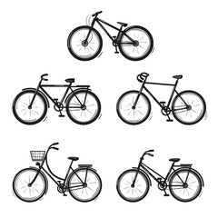Bicycles, a set of 5 different types. Vector , isolated, black on white background.