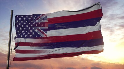 Hawaii and USA flag on flagpole. USA and Hawaii Mixed Flag waving in wind. 3d rendering