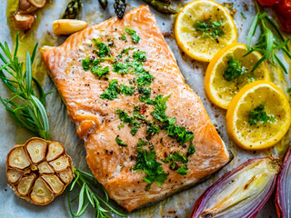 Sheet pan dinner - roasted salmon steak with asparagus, lemon ,rosemary, tomatoes, onion and garlic on cooking pan on wooden table
