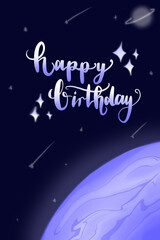Fototapeta na wymiar universal birthday card in space universe theme. 