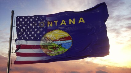 Montana and USA flag on flagpole. USA and Montana Mixed Flag waving in wind. 3d rendering