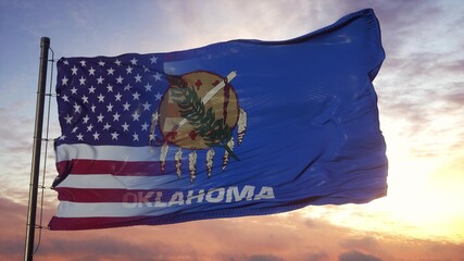 Oklahoma and USA flag on flagpole. USA and Oklahoma Mixed Flag waving in wind. 3d rendering