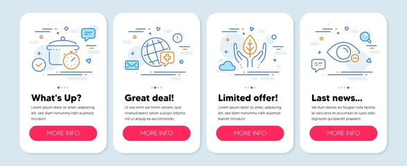Set of Business icons, such as Boiling pan, World medicine, Fair trade symbols. Mobile screen mockup banners. Myopia line icons. Cooking timer, Online medicine, Safe nature. Eye vision. Vector