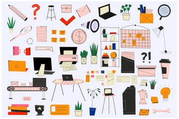 vector set elements of the workspace and office interior - tables, paper, plants, laptops, computers, notes, magnifying glass, wardrobe. Cabinet constructor. Isolated things for business presentation.
