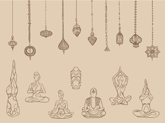 Harmony set silhouette.Meditation relax pose. Zen element relaxation.Woman  beauty body.Decoration lamp boho.buddha vector statue.oriental art. Zen garden flat design. hand drawn shape.Nature optimism