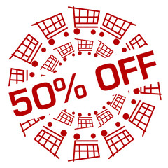 Fototapeta premium Discount Fifty Percent Off Red Shopping Cart Circular Badge Style 