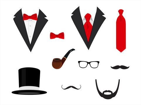 Men's jackets. Tuxedo with mustaches, glasses, beard, pipe and top hat.