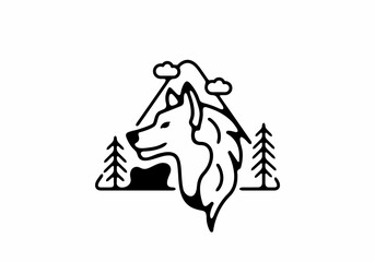 Black line art illustration of wild wolf in triangle shape