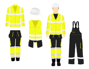 Man worker in uniform. Professional protective clothes, boots and yellow safety helmet. Various turns man's figure. Front view, side and back view.