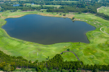 Obraz premium Aerial view from flying drone of Fish pond, fish farm