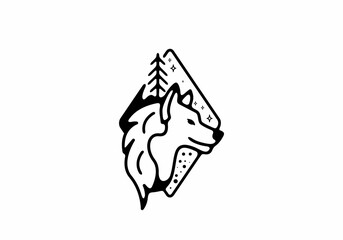 Black line art illustration of wild wolf in diamond shape