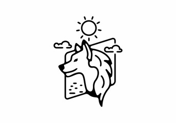 Black line art illustration of wild wolf in rhombus shape