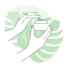 Green background or poster. Aesthetic line art: woman hands holding a bottle of cream. Cosmetic, skin care, hand cream.
