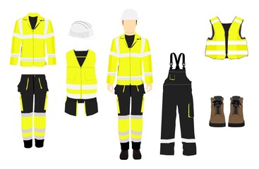 Man worker in uniform. Professional protective clothes, boots and safety helmet. Various turns man's figure. - obrazy, fototapety, plakaty