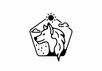 Black line art illustration of wild wolf in pentagon shape