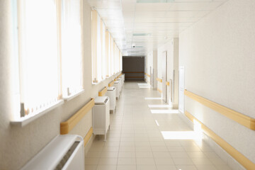 Fototapeta na wymiar Solar bright light shining from windows of hospital corridor