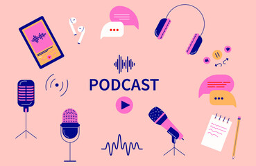 Podcast bundle of items that include headphones, mobile phone, speech bubbles, a notepad and sound waves
