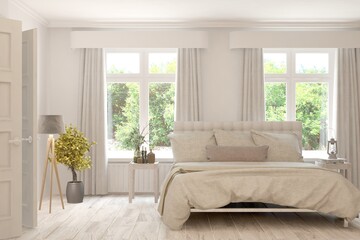 Stylish bedroom in white color with summer landscape in window. Scandinavian interior design. 3D illustration