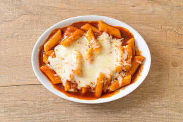 Korean rice cake in spicy Korean sauce with cheese, Cheese Tokpokki, Tteokbokki with Cheese