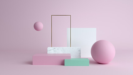 Abstract minimal scene with geometrical forms. Cube podiums in cream cwcase, shopfront,Scene to show cosmetic podructs. display case. 3d render. olors. Abstract background. Sho - 431492353