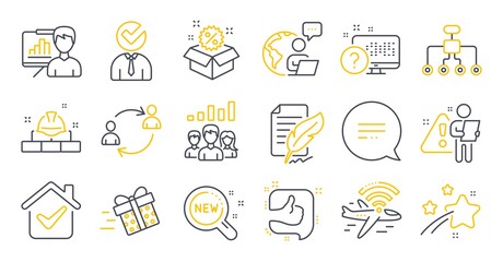 Fototapeta na wymiar Set of Business icons, such as Feather signature, Construction bricks, Presentation board symbols. Online quiz, Sale, Teamwork results signs. User communication, Like, Text message. Vector