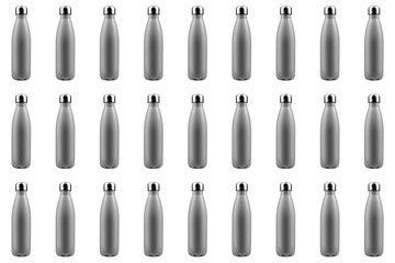 Pattern of reusable steel bottles of grey, isolated on white background. Zero waste, plastic free.