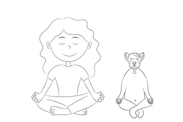 Sketch of a girl and a dog sitting in a lotus position, a girl doing yoga with her dog