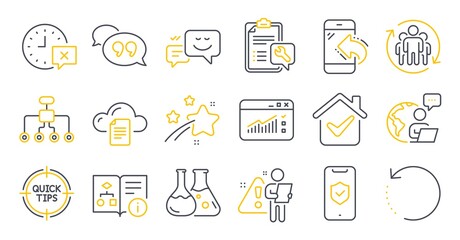 Set of Technology icons, such as Technical algorithm, Restructuring, Spanner symbols. Time, Teamwork, Recovery data signs. Quote bubble, Web traffic, Incoming call. Chemistry lab, Tips. Vector