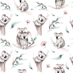 Watercolor seamless pattern cartoon baby koala tropical animal illustration. Jungle exotic summer background print. Australian trendy zoo isolated design © kris_art