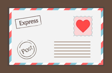 Cute white sealed envelope with heart stamp and express lettering on brown background