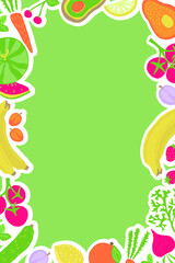 Vector frame with vegetables and fruits for blank decoration. Isolated on a white background. Menu, poster design, cute fun, hand-drawn, free hand.  Modern, stylish, eco background. Vegetable frame.