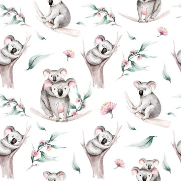 Watercolor seamless pattern cartoon baby koala tropical animal illustration. Jungle exotic summer background print. Australian trendy zoo isolated design