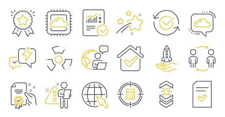 Set of Education icons, such as Calculator target, Cloud computing, Chemical hazard symbols. Crowdfunding, Cloud communication, Shoulder strap signs. Lightning bolt, Checked calculation. Vector