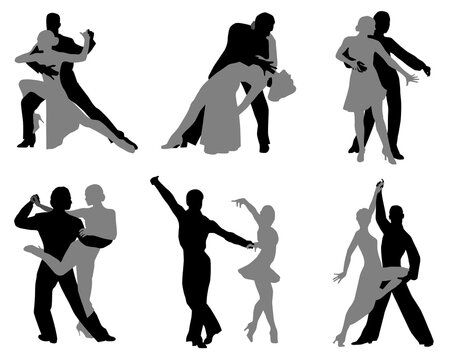 Silhouettes of the dancing couples, different styles of dance