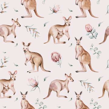 Watercolor australian cartoon kangaroo seamless pattern. Australian kangaroos set kids illustration. Nursery wallpaper art © kris_art
