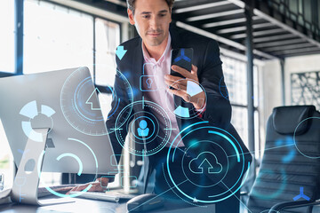 Businessman in suit using smart phone to optimize development by implying new technologies in...