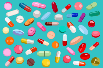 Wallpaper on a medical theme in the form of many pills and pills on a turquoise background.