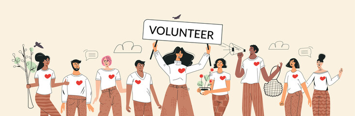 Green volunteers and volunteering concept. Set of diverse people save ecology environment. Zero waste lifestyle, eco-friendly character. Altruistic activity. Flat outline cartoon vector illustration