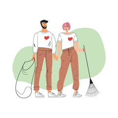 Volunteer friends couple and volunteering concept. Diverse people or ecologists collecting garbage. Altruistic activity, environmental protection. Flat outline vector illustration isolated on white