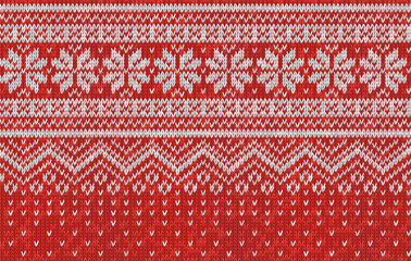 Vector seamless texture of red wool knit. Knitted Christmas and New Year pattern with snowflakes. Template of knitwear for background, wallpaper, backdrop. Scandinavian, Norwegian style