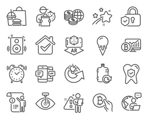 Business icons set. Included icon as World money, Dental insurance, Ice cream signs. Augmented reality, Refill water, Smartphone sms symbols. Eye laser, Security lock, Manual doc. Speakers. Vector