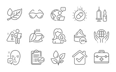 Uv protection, Leaf dew and Medical vaccination line icons set. Medical prescription, First aid and Moisturizing cream signs. Capsule pill, Plants watering and Face accepted symbols. Vector