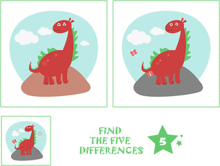 Children educational games: Find differences. Cute dinosaur. Cartoon vector illustration.