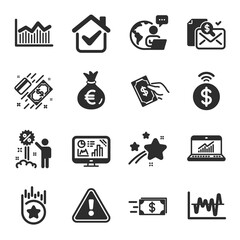 Fototapeta premium Set of Finance icons, such as Money bag, Money diagram, Loyalty star symbols. Accounting report, Contactless payment, Payment signs. Online statistics, Stock analysis, Discount flat icons. Vector