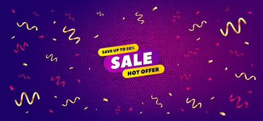 Sale 30 percent off banner. Festive confetti background with offer message. Discount sticker shape. Hot offer icon. Best confetti banner. Sale badge shape. Celebrate party background. Vector