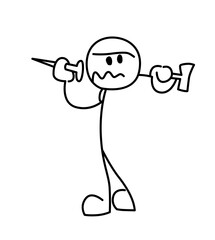 Sketch black line character angry hammering a nail into the wall with a hammer. Hand drawn cartoon style vector illustration.