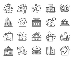 Fototapeta na wymiar Buildings icons set. Included icon as Lighthouse, Court building, Arena stadium signs. House security, Skyscraper buildings, Circus tent symbols. Buildings, Circus, Arena. New house, Shop. Vector