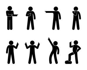 Man shows his finger, gesture indicates the direction, icon man, stick figure human silhouette, set of people various gestures with his hands