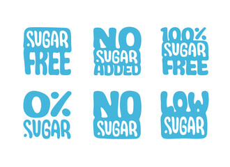 SUGAR FREE, NO ADDED, 100 percent, LOW SUGAR isolated logo templates. Proper diet, good nutrition. Vegan, diabetic, bio food. Set of vector stickers for product package, label design, infographics